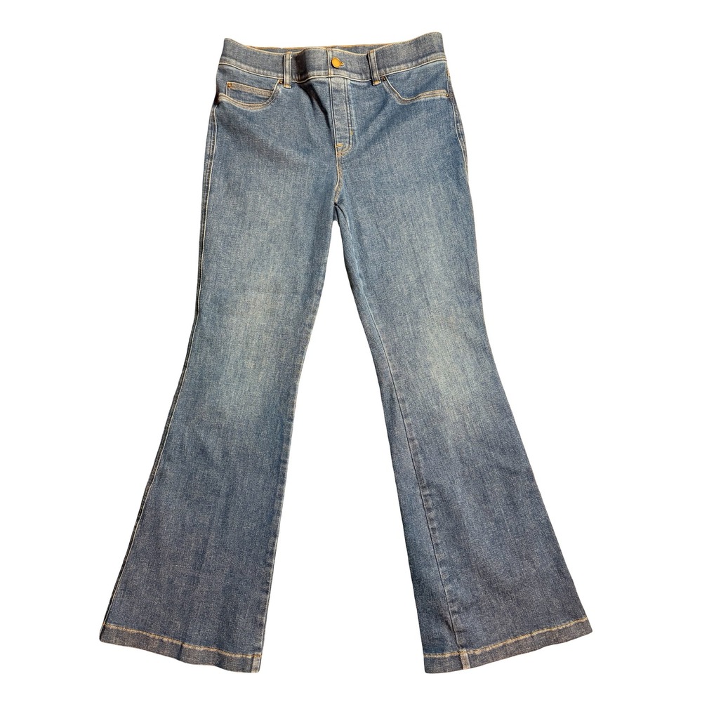 Spanx Flare Jeans Womens Large Blue High Rise Pull On Stretch Denim